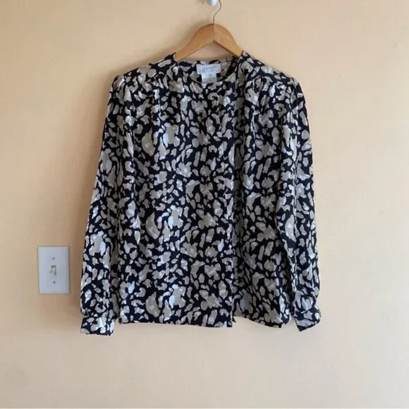 Vintage 90s Jessica Blouse Abstract Print Black White Long Sleeve Retro Chic Top - Picture 13 of 13